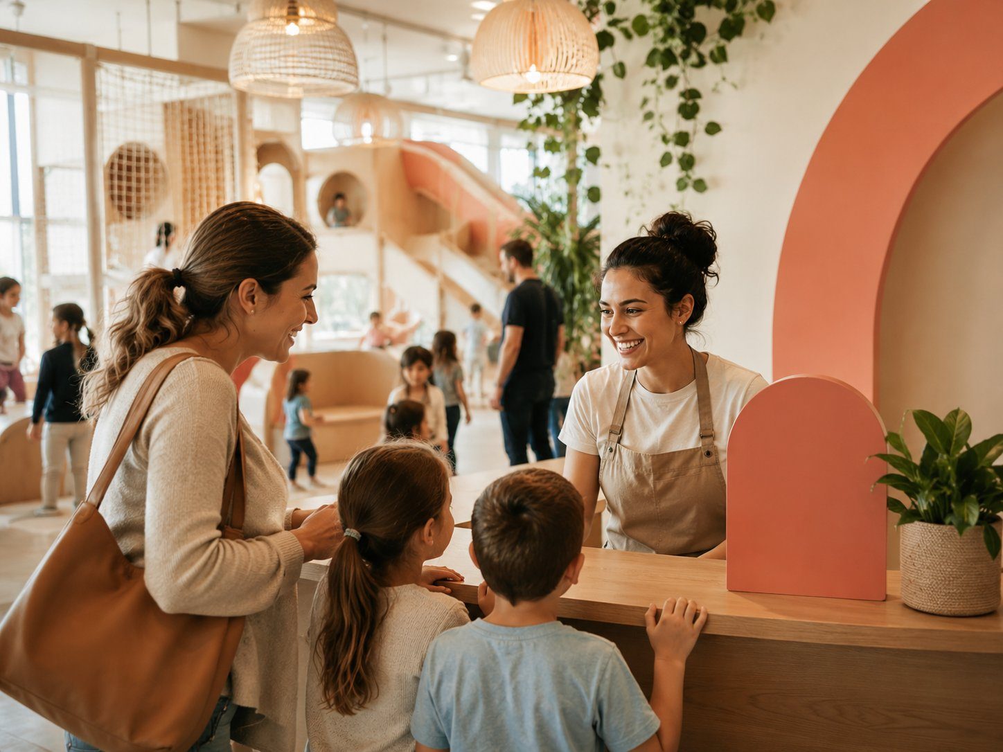 Een medewerker verwelkomt een ouder en kinderen bij de balie van Vikerta