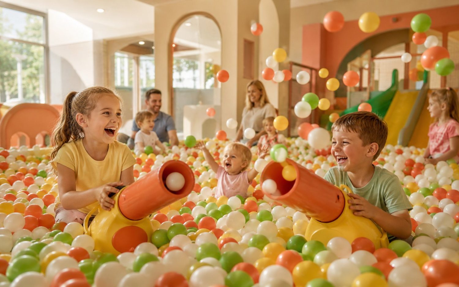 Kinderen spelen lachend in de ballenbak met ballenkanonnen