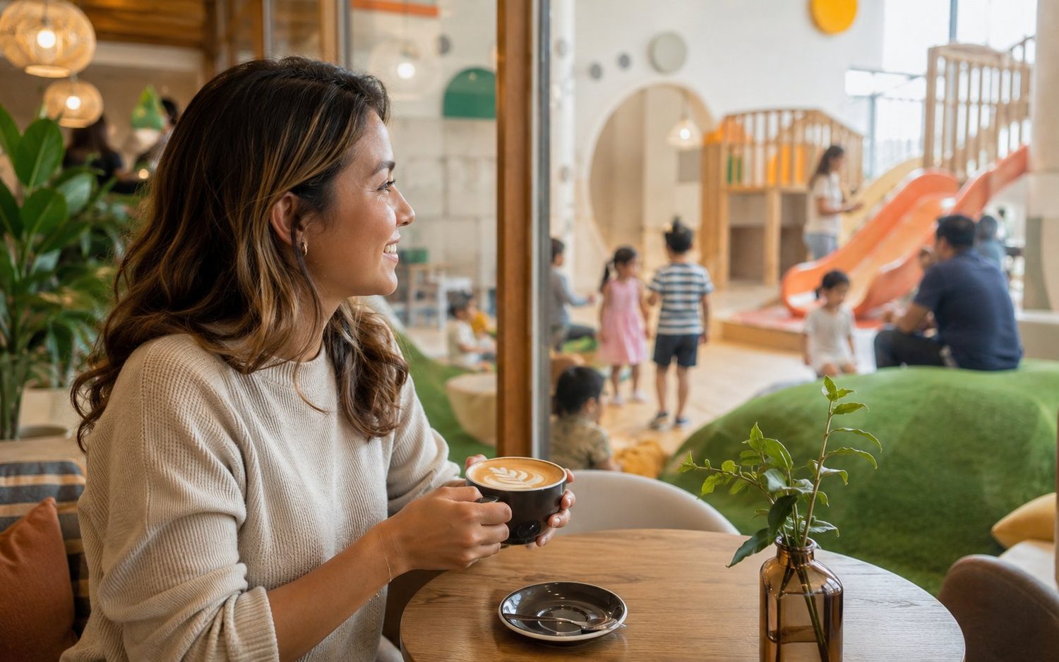 Een ouder geniet van koffie in het oudercafé met zicht op de speeltoestellen