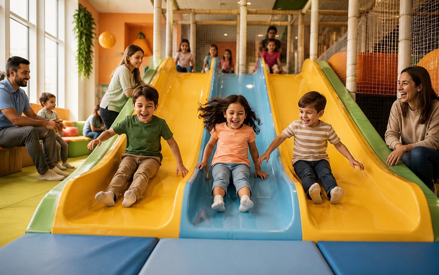 Kinderen glijden samen van de reuzenglijbaan met drie banen