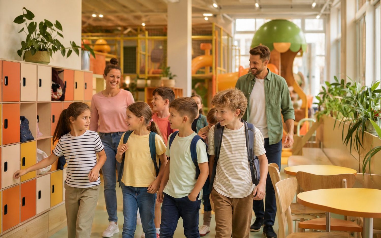 Een groep schoolkinderen met begeleiders tijdens een uitje bij Vikerta