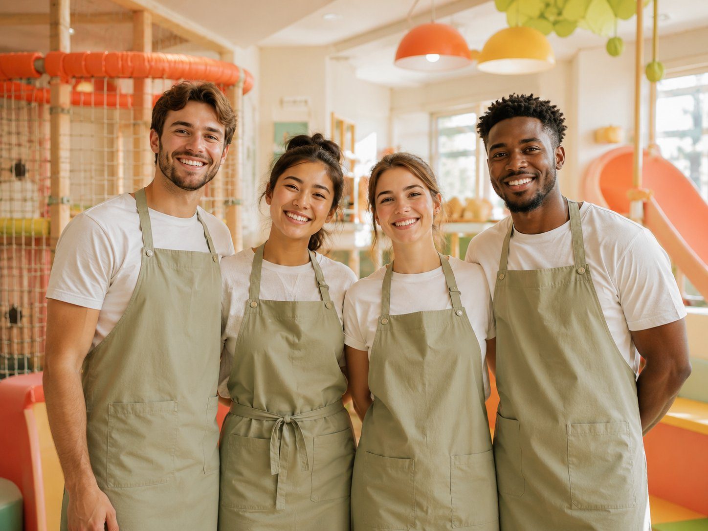Het vriendelijke team van Vikerta Speelparadijs in aprons